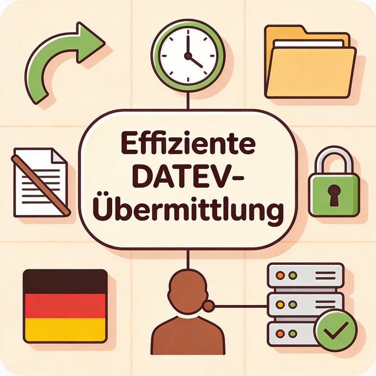 Icon: „Effiziente DATEV-Übermittlung“ mit Pfeil, Uhr, No-Papier, Schloss, Haken in Pastellfarben.