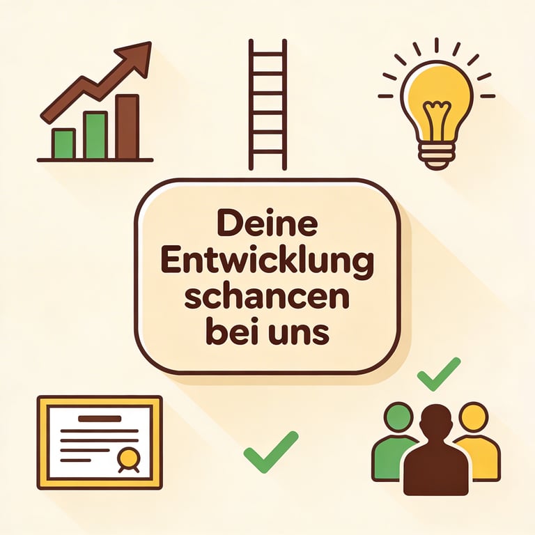 Deine Entwicklungschancen bei uns“ mit Pfeil, Glühbirne, Zertifikat und Team in Pastellfarben – motivierende Karrierewege.
