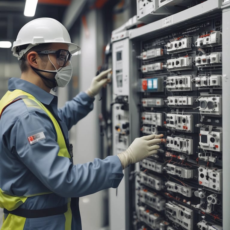 electrical protection engineer checking the control and relay panels of the switchgear