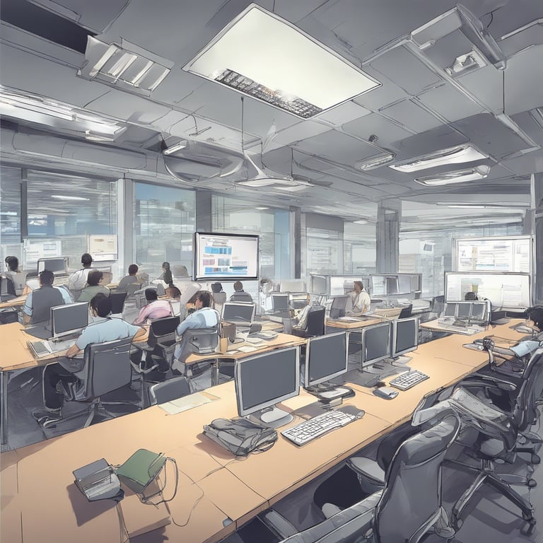 a office with a workers gathering around a presentation