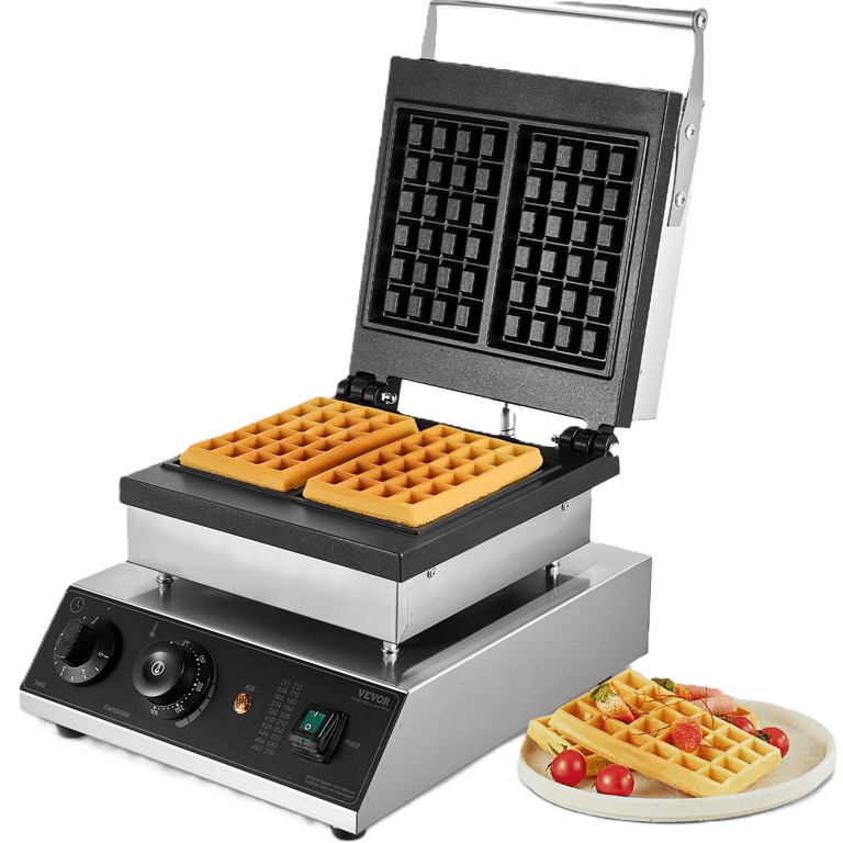 Professional double Belgian waffle maker with non-stick plates and adjustable temperature control.