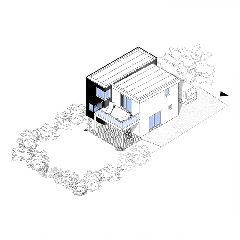 Axonométrie architecture extension ossature bois bardage noir maison Finistère