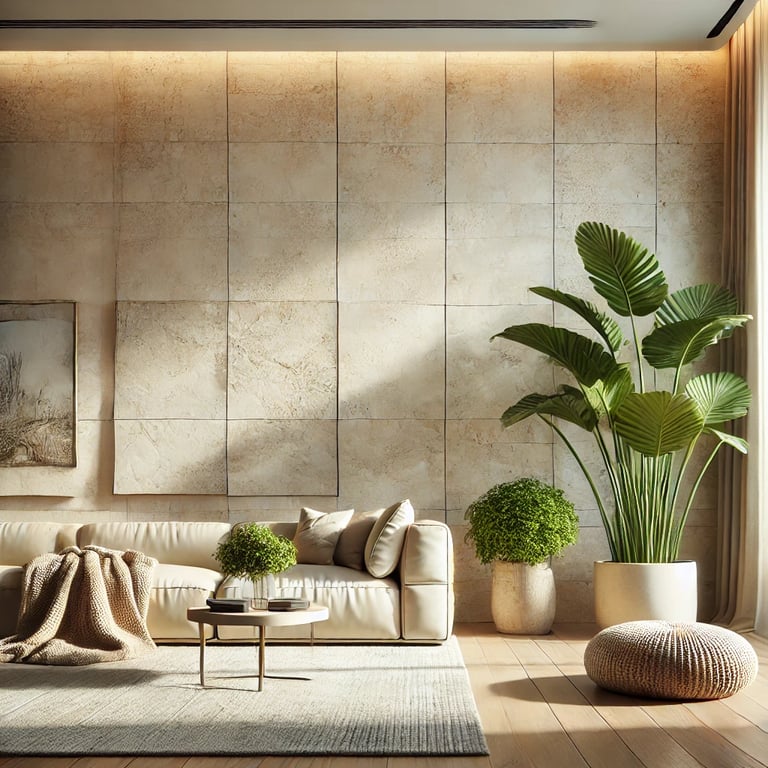 Travertine tiles on living room wall light cream natural stone