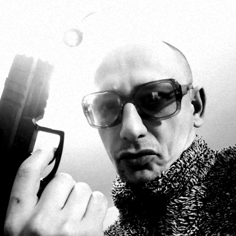 a man in a sweater and sunglasses holding a gun