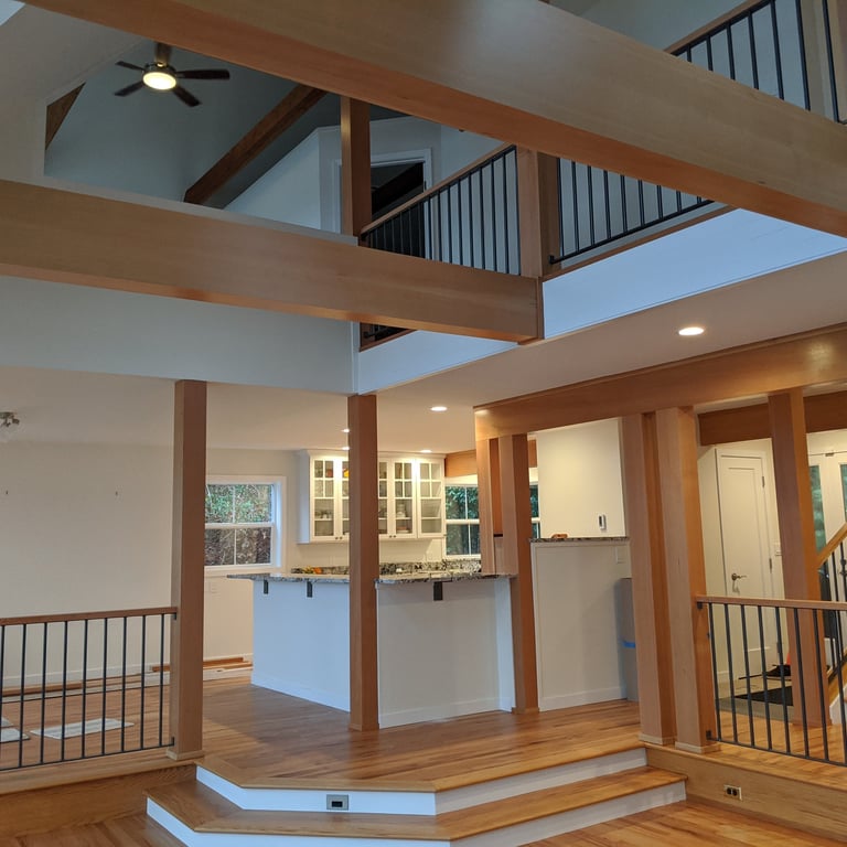 Fir wrapped beams and posts, Open railing