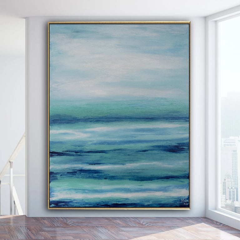 Natalia Prutski Art, original blue green abstract seascape painting