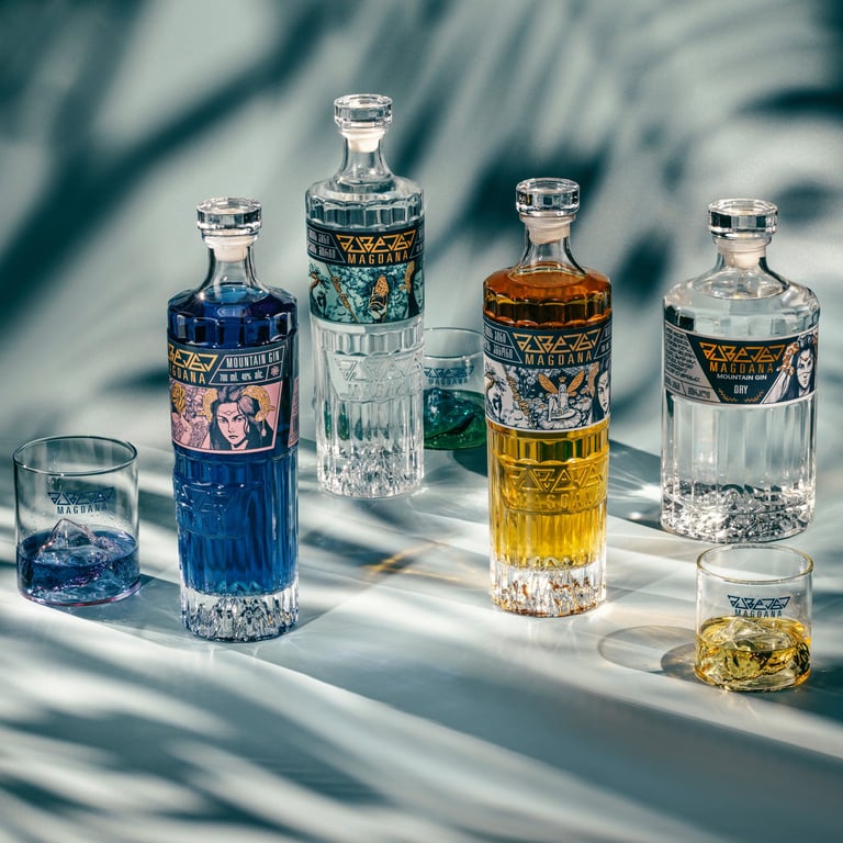 Mountain gin. Gin liqueur. Mystic Rose, Honey Kiss, Eden Cone, Mountain dry gin