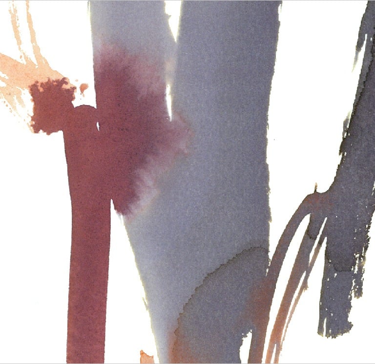 Yuge Kurt, fragment of watercolor painting in art gallery. Conceptual canvas. Earthy muted tones.