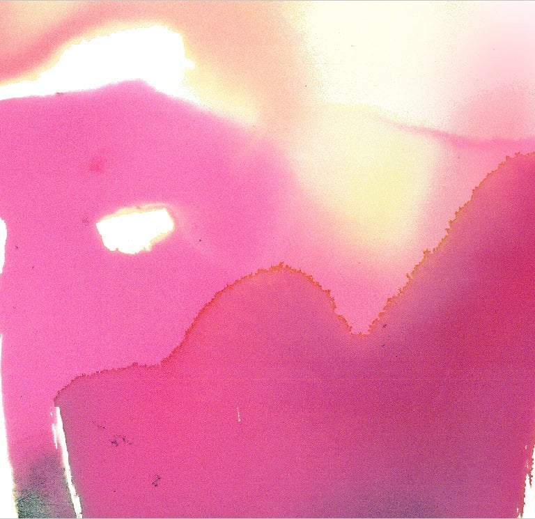 Yuge Kurt, fragment of watercolor painting in art gallery. Abstract red flowers. Calligraphy