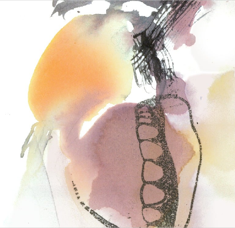 Yuge Kurt, fragment of watercolor painting in art gallery. Conceptual canvas. Earthy muted tones.