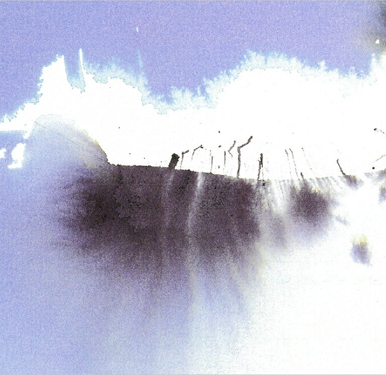 Yuge Kurt, fragment of watercolor painting in art gallery. Portrait. Light airy blue tones