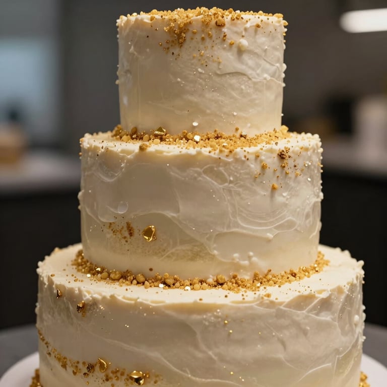 Close-up of a beautifully decorated three-tier event cake with beige frosting and golden-sand accents in a modern setting.