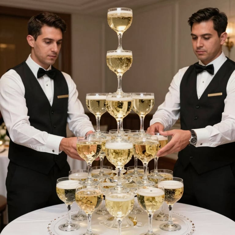 A professional catering team in formal attire arranging a tiered champagne tower at a celebratory US reception.