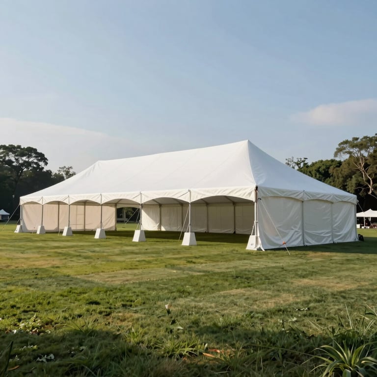 A grand white event tent set up on a manicured North American lawn during a sunny afternoon, crisp and clean architectural lines.