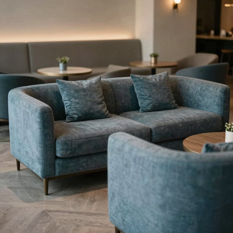 A stylish lounge area for an event featuring modern furniture in muted blue and beige tones under soft lighting.