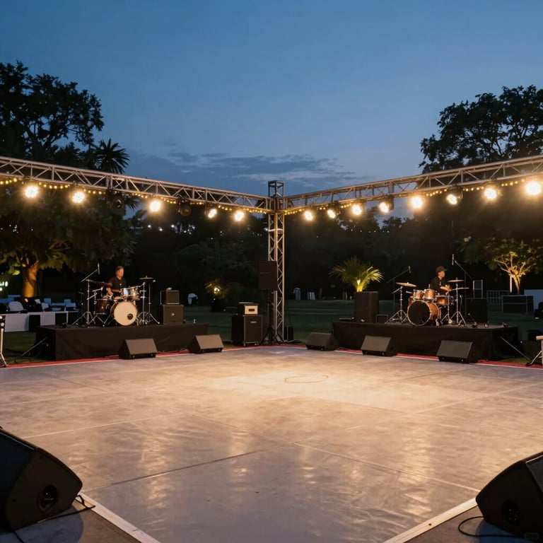 An outdoor dance floor at dusk, illuminated by warm fairy lights and surrounded by sophisticated event equipment and rentals.