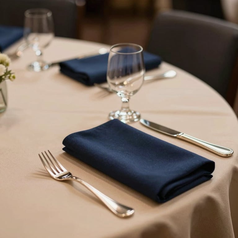 An elegant indoor table setting featuring navy blue napkins, tan chargers, and polished silver cutlery in a sophisticated hall.