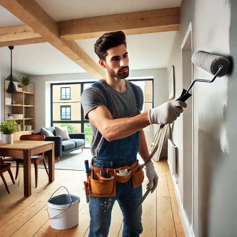 A handyman in North London painting a wall inside a residential home using a paint roller, with mode