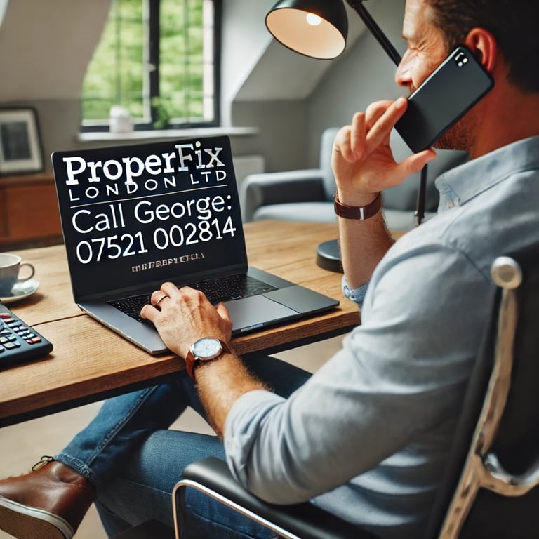 A man sitting at a desk in a well-lit home office, holding a phone while making a call. The laptop s