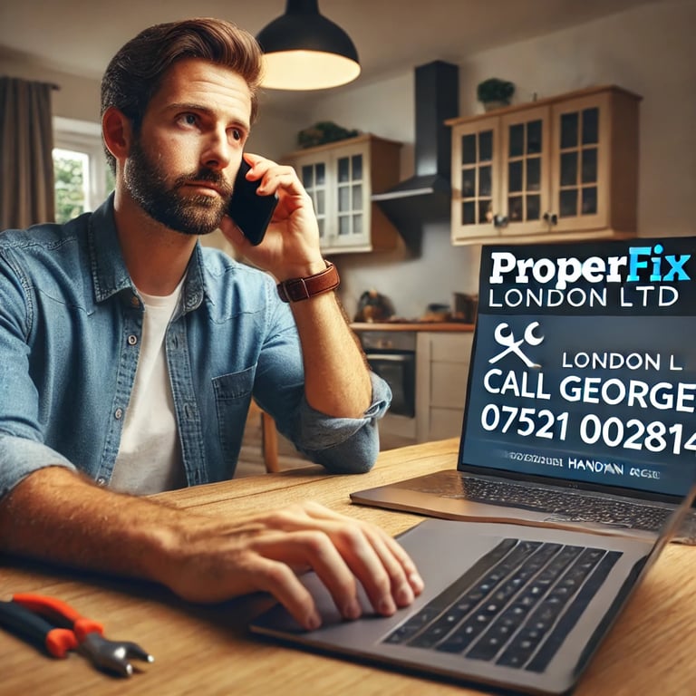 A London homeowner calling a handyman service to schedule a repair, looking at a laptop displaying t