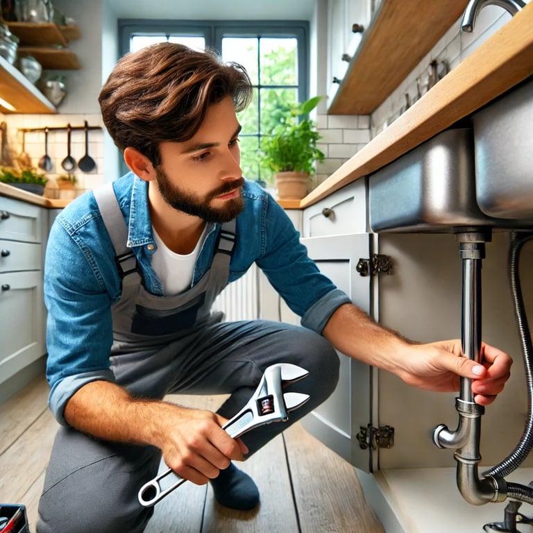 A handyman in London repairing a kitchen sink, using a wrench to fix a pipe in a well-lit kitchen.