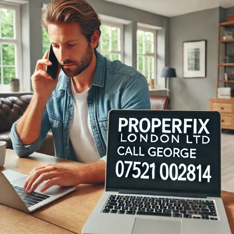 A London homeowner calling a property maintenance service to schedule a repair, looking at a laptop 