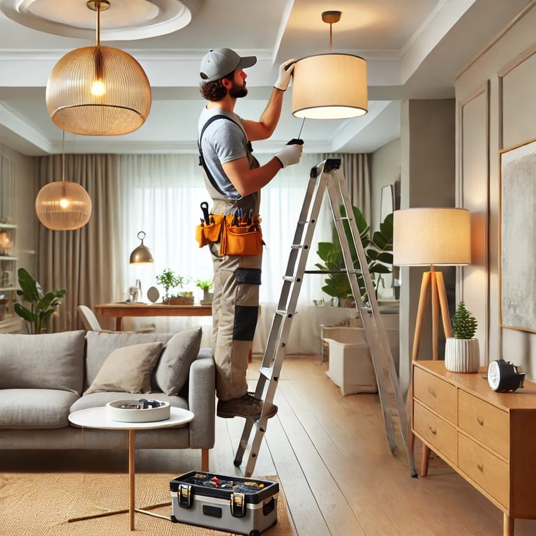 A handyman in London installing a light fixture in a modern living room, adding a touch of professio