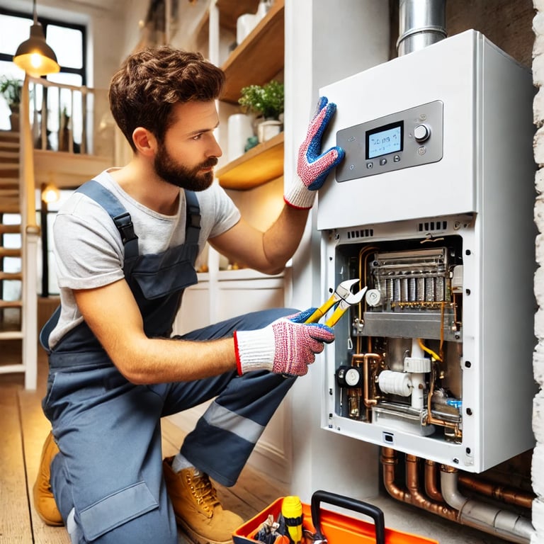  A maintenance worker servicing a boiler inside a London apartment, wearing protective gloves and us