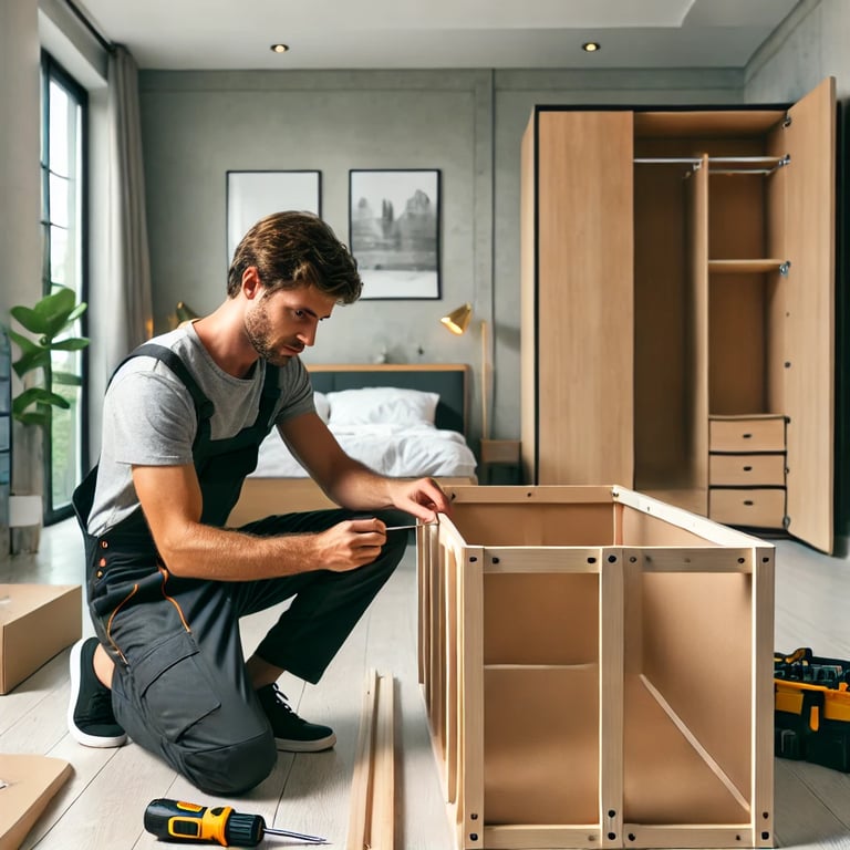 A professional handyman assembling flat-pack furniture in a London apartment, using a screwdriver to