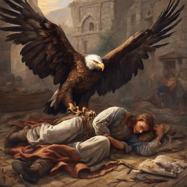 Un aigle se pose auprès d'un jeune homme endormi.