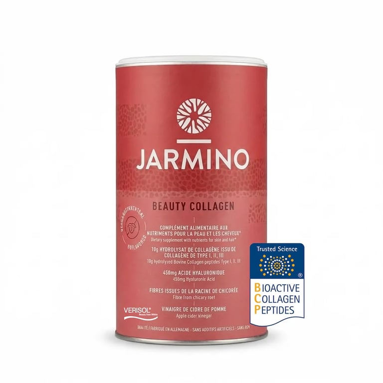 Boite rose de poudre de collagène de la marque Jarmino