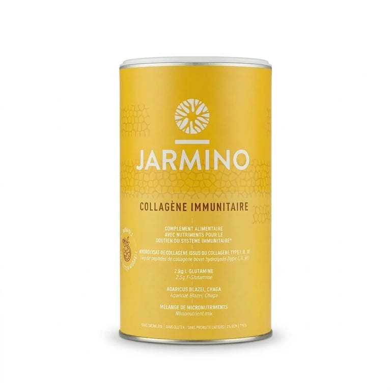 boite jaune de poudre de collagène de la marque Jarmino