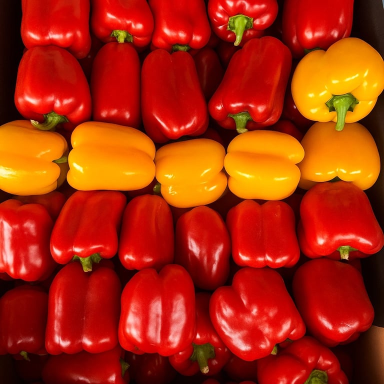 Kolorowe papryki — czerwone i żółte — starannie ułożone w skrzynce na targu warzywnym.