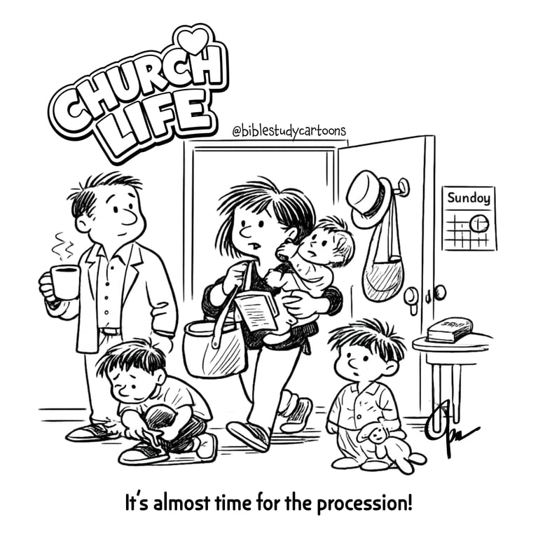 Black & white cartoon of family getting ready for church on Sunday morning.