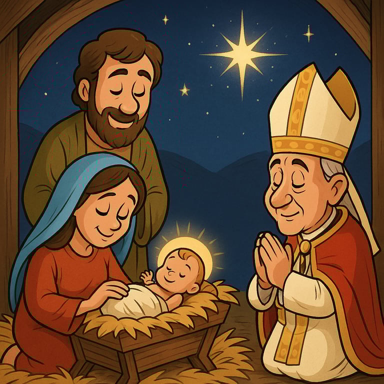 A cartoon style manger scene with Pope Leo XIV kneeling to worship our Lord.