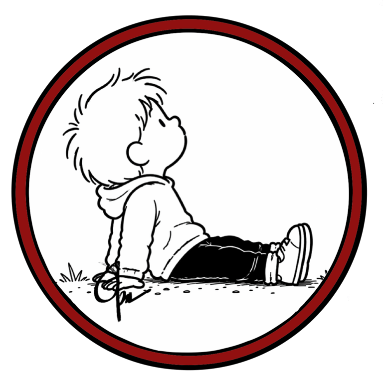 Milo cartoon boy sitting in circle looking at the sky.