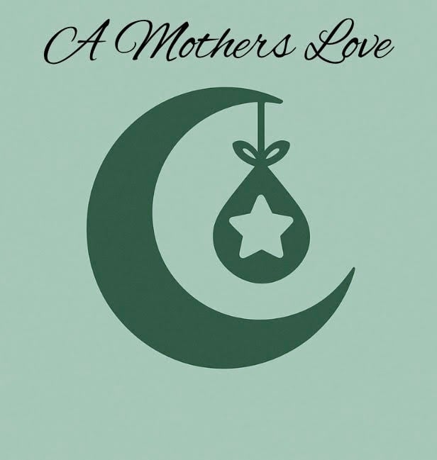 Illustration of a dark green crescent moon carding a hanging baby bundle with a star set up against a light green background 