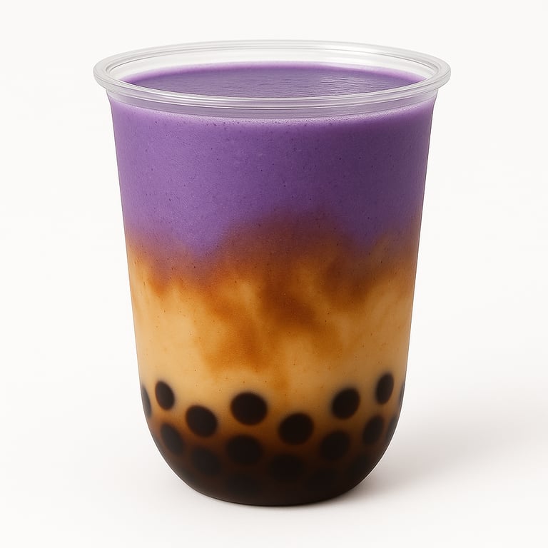 Layered taro milk tea with brown sugar boba pearls in a plastic cup over a white background.