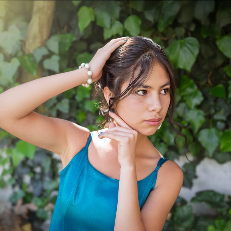 Sesión de fotos de 15 años profesional en Bolivia: retrato de quinceañera con top turquesa y fondo 
