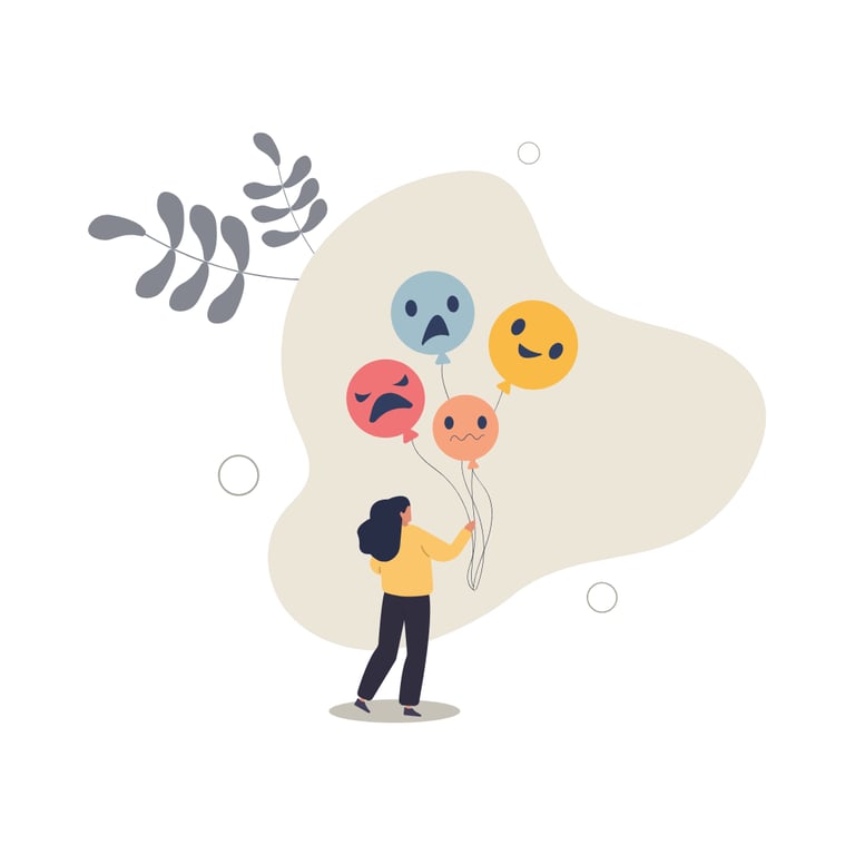 a person holding balloons with emoticions of emotons