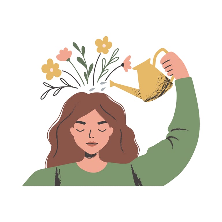 a woman with a watering can watering her brain