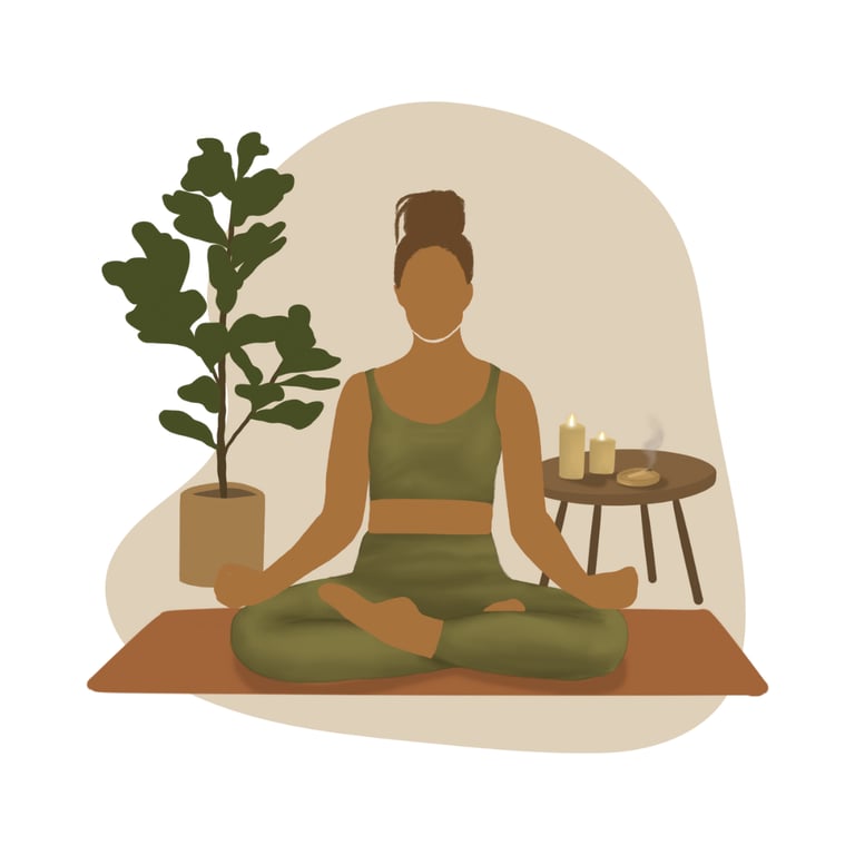 a woman sitting in a yoga pose meditating in a calm environment