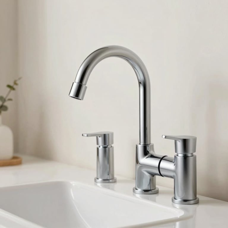 Modern and sleek chrome faucets for residential projects, displayed against a clean white and beige background.
