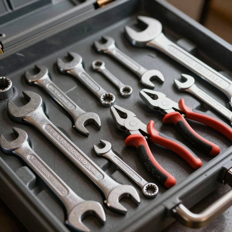 A collection of high-quality hand tools including wrenches and pliers organized in a robust tool chest.