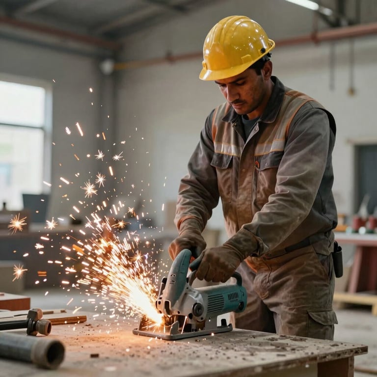 A professional construction worker in a Middle Eastern industrial setting using an electric saw, with sparks and sharp lighting.