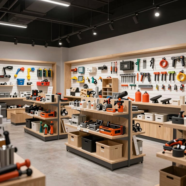 A wide shot of a modern hardware showroom in the Gulf region, featuring organized displays of construction and household tools.