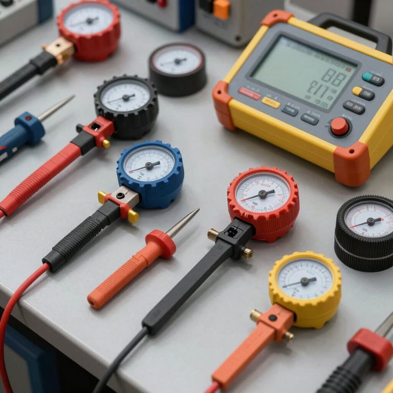 A variety of electrical measuring tools and diagnostic equipment for professional contractors, arranged on a gray surface.