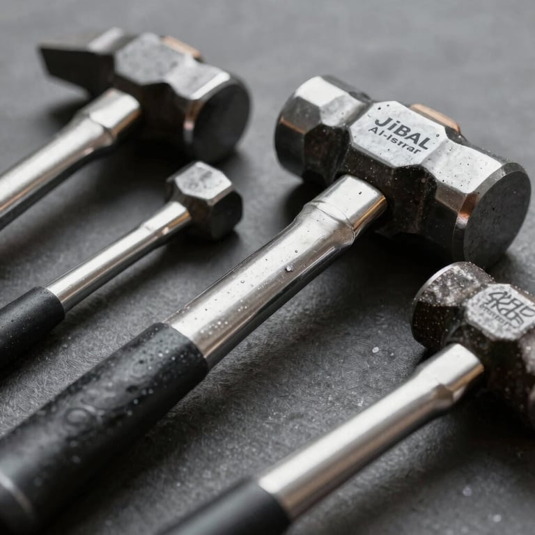 Close-up of high-tensile steel hammers and mallets, showcasing the durability and strength of the Jibal Al-Israr brand.