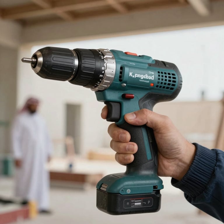 Close-up of a high-performance electric drill with metallic finish, held by a professional in a Middle Eastern construction environment.