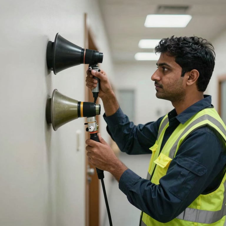 Professional South Asian technicians in high-visibility gear installing high-decibel hooters in a commercial hallway.